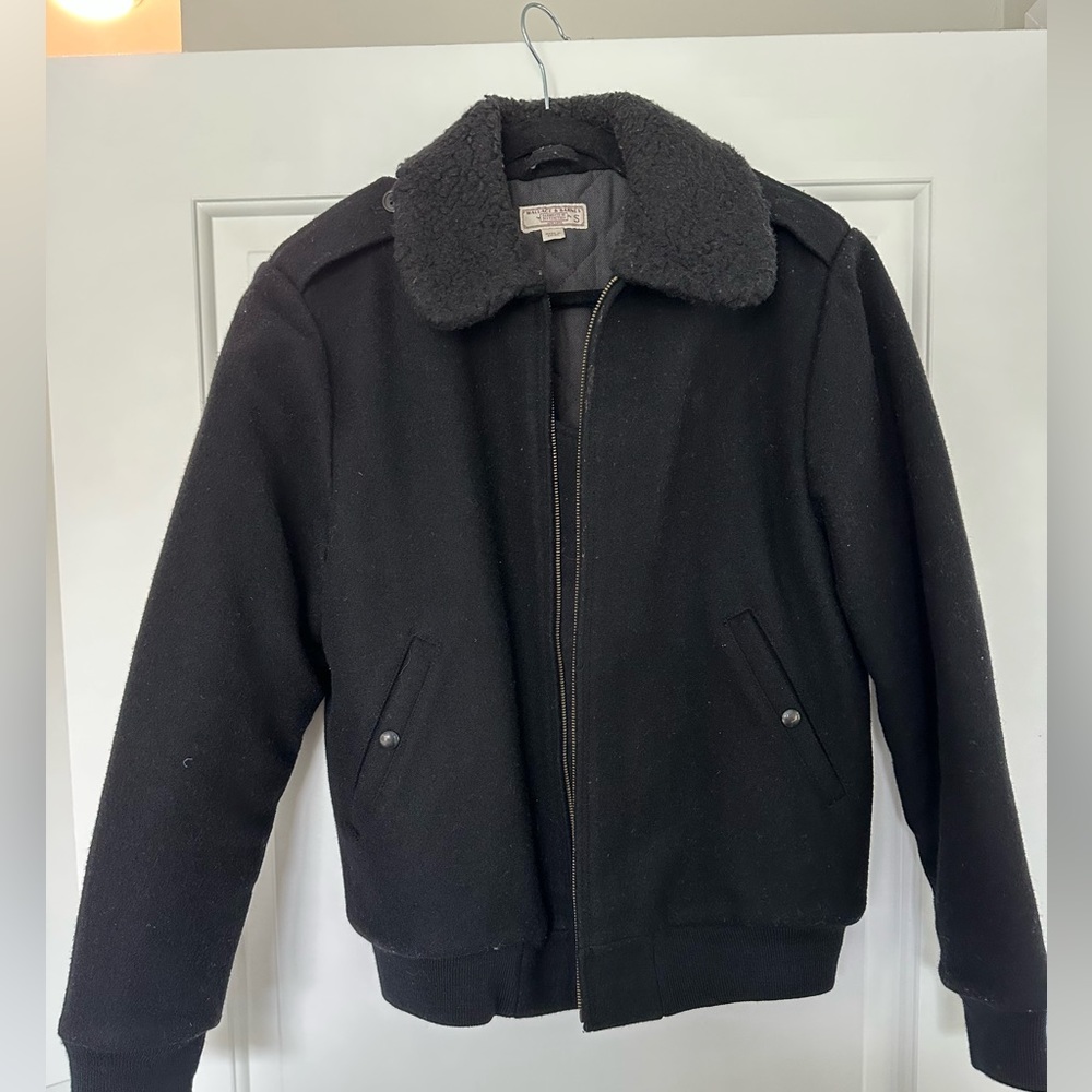 Jcrew black bomber with shearling collar